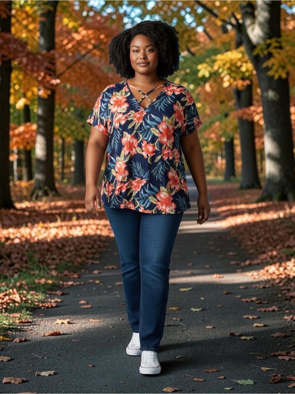 SHEIN Navy Floral Crisscross V-Neck Blouse